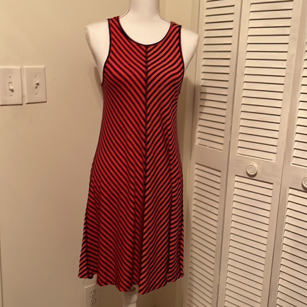 𝅺LOVE Fire Navy Blue and Red Stripped Mini Dress.  Size Small